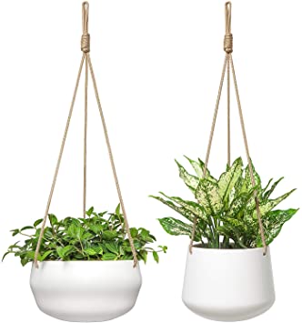 Mkono Ceramic Hanging Planter of Shallow 8 Inch and Deep 6 Inch for Indoor Outdoor Plants, Set of 2 Modern Plant Pot Geometric Porcelain Hanging Basket with Polyester Rope Hanger for Herbs Ferns Ivy