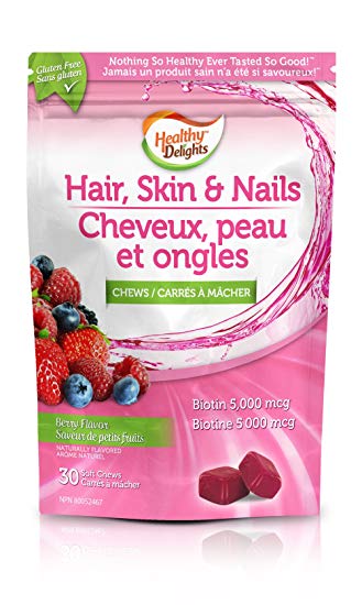 Healthy Delights Hair, Skin and Nail Soft Chews with 5,000mg Biotin-Berry Flavoured, 30-Count