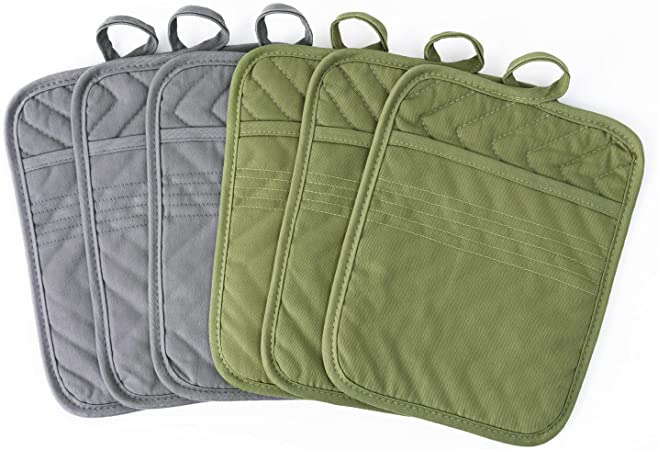 Glynniss Pot Holders for Kitchen Heat Resistant 6 Pack, 7x9 Inches Cotton Pocket Pot Holders, Non Slip Oven Mitts for Cooking, Baking(Green and Grey)