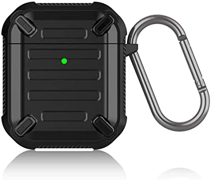USFY Sword Armor Series Case Designed for Airpods 1 & 2, Full-Body Rugged Protective Case with Carabiner for Apple Airpods 1st & 2nd - Tough TPU (Black)