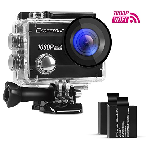 Crosstour Action Camera Waterproof Wi-Fi Full HD 1080P 12MP 2” LCD 98ft Underwater 170° Wide-angle Sports Camera with 2 Rechargeable 1050mAh Batteries and Mounting Accessory Kits