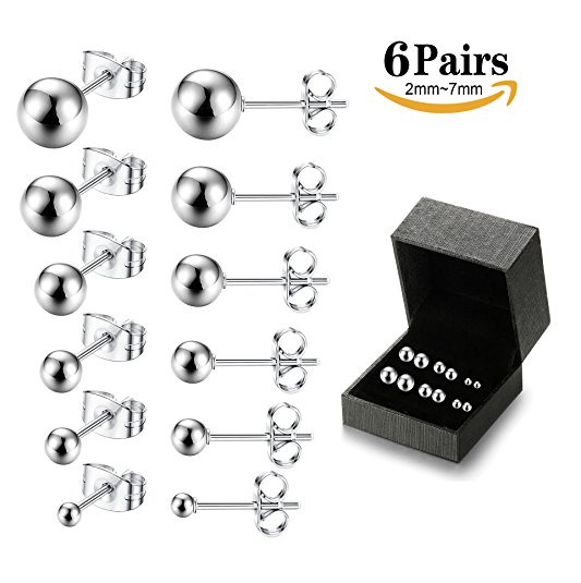 LOYALLOOK 6 Pairs 316L Stainless Steel Earrings Round Ball Stud Earrings Set for Mens Womens Assorted Sizes 2-7mm 22G