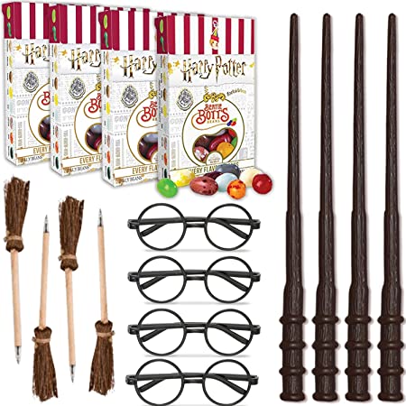Wizard Party Favors - 4 Per Item - 4 Boxes Harry Potter Bertie Botts Every Flavour Beans, 4 Wands, 4 Wizard Glasses Round Glasses, 4 Broom Pens - Great for Birthday and Theme Party Prizes & Handouts