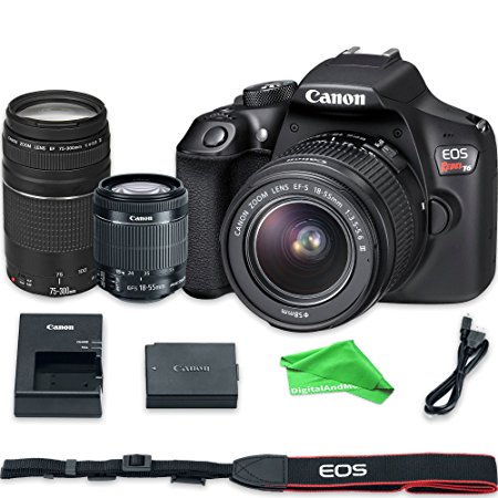 Canon EOS Rebel T6 Digital SLR Camera with 18-55mm EF-S f/3.5-5.6 IS II Lens & EF 75-300mm f/4-5.6 III Lens   DigitalAndMore Microfiber Cloth