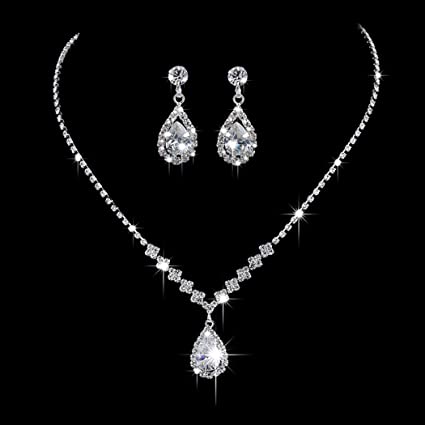 Aukmla Bride Wedding Necklace Earrings Set Silver Rhinestones Necklaces Bridal Crystal Jewelry Accessories for Women and Girls Necklace-023 (Set of 3)