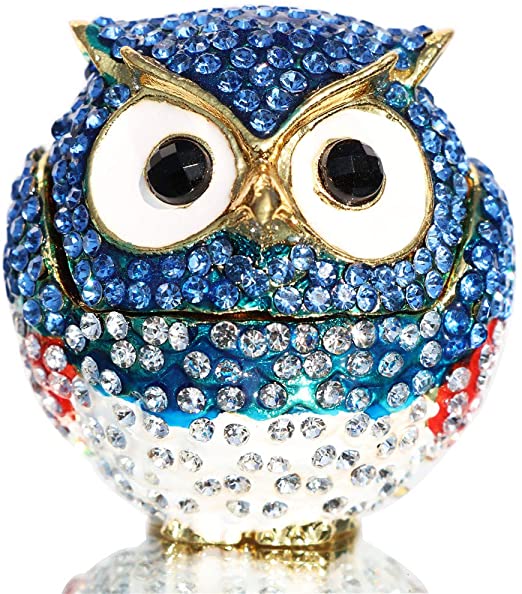 Waltz&F Diamond Light Blue Owl TrinketBox Hinged Hand-Painted Figurine Collectible Ring Holder
