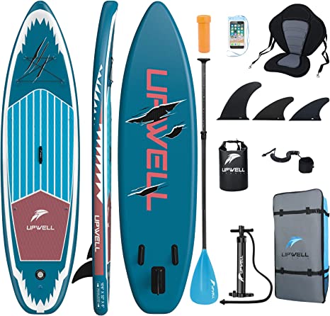 UPWELL 11'/10'6'' Inflatable Stand Up Paddle Board with sup Accessories Including Backpack, Repairing Kits, Non-Slip Deck, Kayak Seat, Leash, 3 Fins, Paddle and Pump