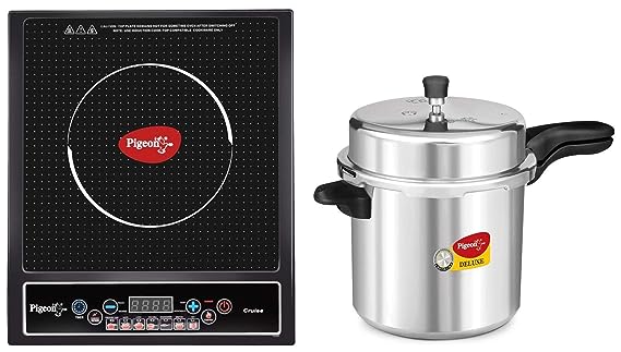 Pigeon by Stovekraft 106 Deluxe Aluminium Outer Lid Pressure Cooker, 12 Litres,Silver & Pigeon by Stovekraft Cruise 1800 watt Induction Cooktop (Black)