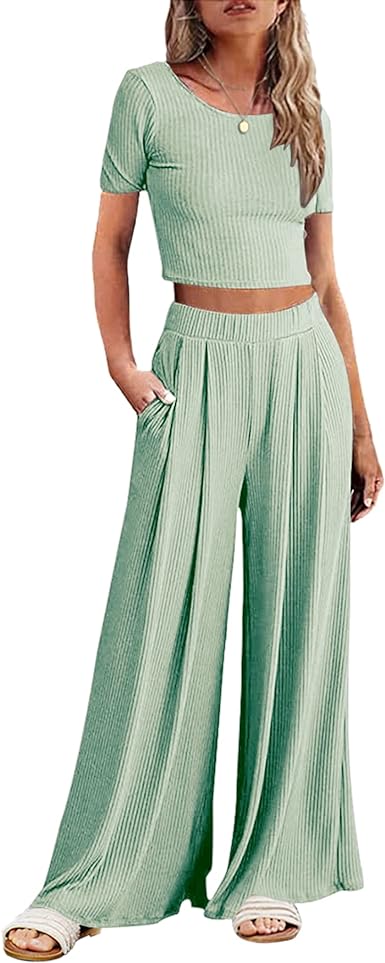 Ekouaer Women's 2 Piece Lounge Sets Ribbed Knit Crop Top Wide Leg Pants with Pockets S-XXL