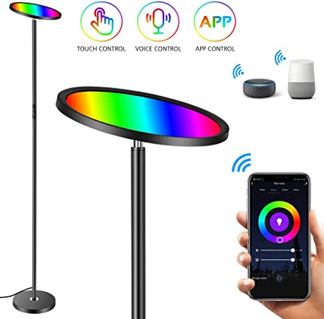 Floor Lamp, HueLiv Super Bright RGBW Smart WiFi LED Floor Lamp for Reading, Color Changing, Dimmable Torchiere, for Living Rooms, Bedrooms. Compatible with Amazon Alexa & Google Home. Black, 25W