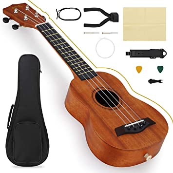 A&A Ukulele Soprano 21 inch Beginner Professional Wooden Ukelele Instrument Kit Bundle with Bag Strapr Picks Hanger and Polishing Cloth Brown