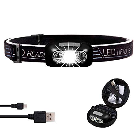 1.9Oz Ultra Lightweight Hands-free Cree LED Headlamp - Rechargeable 48 Hours, 350 Lumens White Light Lamp, IPX6 Rainproof with Portable Pouch, Best Headlight for Camping Hiking Running Fishing Hunting