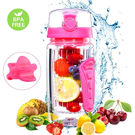 OMORC Fruit Infuser Water Bottle, 26oz Sports Shaker Bottle Blender for Protein Powder, with a Shaker Ball, Leak Proof, BPA Free Tritan Water Bottle with E-Recipe and A Bonus Cleaning Brush, Pink