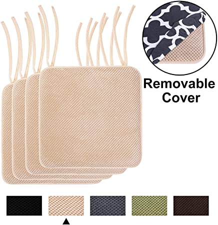 homing Chair Cushions for Dining Rooms - Memory Foam Non Slip Seat Pads for Kitchen with Ties and Removable Cover, 16"x16" 4 Pack Beige