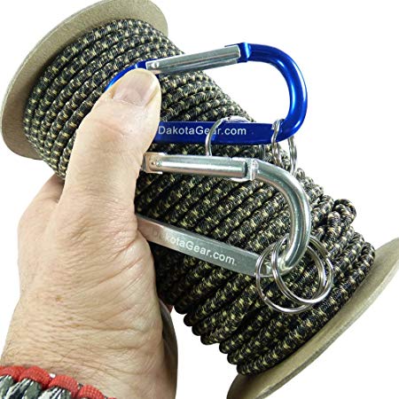 Shock Cord - Marine Grade. 1/8", 3/16", 1/4" Diameter, 25 / 50 / 100 ft. 6 Colors. Includes 2 Carabiners & Knot Tying eBook. Made in USA. Also called bungee cord, stretch cord & elastic cord.