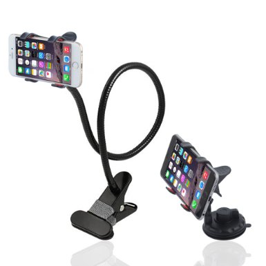 Huixinda 2-in-1 Gooseneck Flexible Cell Phone Clip Holder for Bed Car Desktop with Car Vehicle Windshield Suction Cup Mount for iPhone Samsung GPSSmartphone