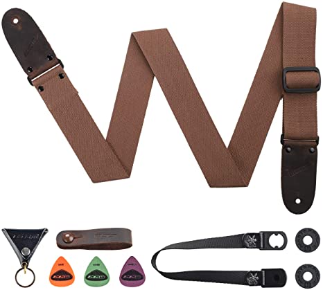 M33 Cotton Guitar Strap Brown for Acoustic, Electric and Bass Guitars - 2" Wide INCLUNDS FREE STRAP BUTTON   LOCKS 3PICKS INCLUDED BEST STRAP BUNDLE