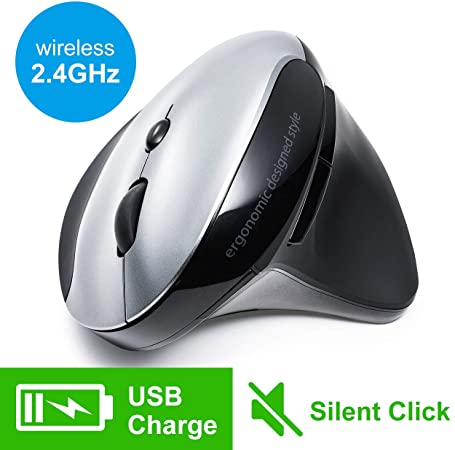 SANWA (Japan Brand) Vertical Rechargeable Wireless Mouse, Silent Noiseless Click, Blue LED Ergonomic Computer Mice, 5 Levels Adjustable DPI, Compatible with MacBook, Laptop, Windows, Mac OS, Silver