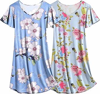 Ekouaer 2 Pack Nightgowns for Women Flare Short Sleeve Sleepshirt V Neck Sleepwear Pajama Dress S-2XL