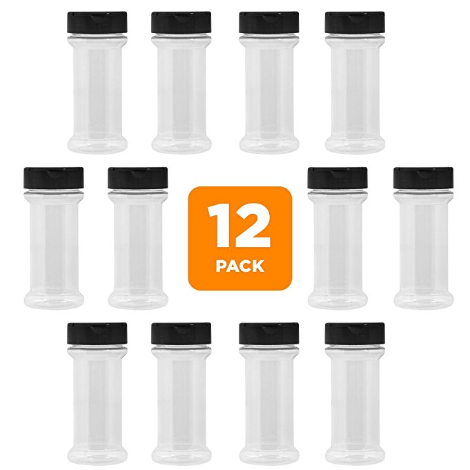 12-Pack Clear Plastic Spice Jars Storage Container Bottle-7 Oz -Flap Cap to Pour or Shaker/Sifter- Pressure Sensitive Liner to store Spice,Herbs-BPA free (12, black caps)
