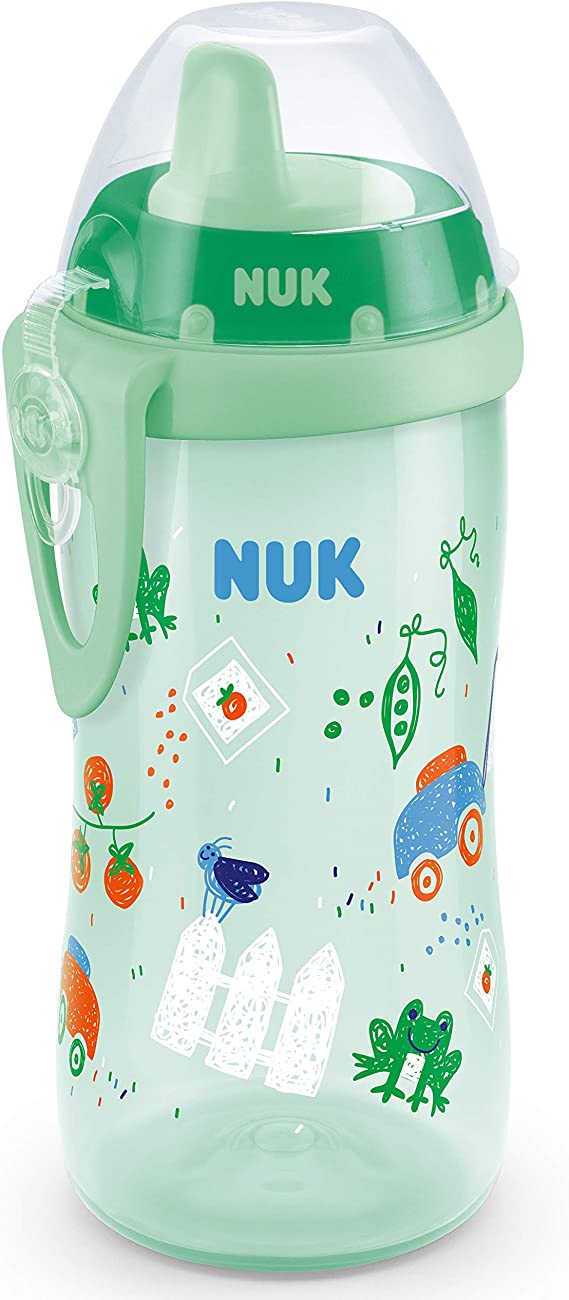 NUK First Choice  Kiddy Cup Toddler Cup | 12 Months  | Leak-Proof Toughened Spout | Clip & Protective Cap | BPA-Free | 300 ml | Green Garden