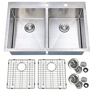 PRIMART Handcrafted 33 Inches Topmount Double Equal Bowl 16 Gauge Stainless Steel Kitchen Sink with Grids