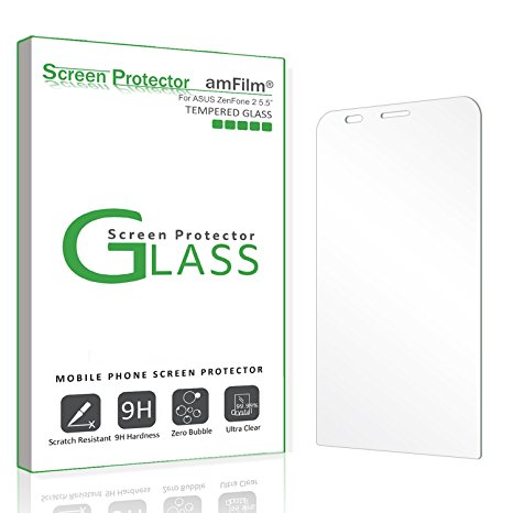 Zenfone 2 Screen Protector Glass, amFilm 0.2mm 2.5D Tempered Glass Screen Protector with Cutout for Proximity Sensor for Zenfone 2 ZF2 2015 5.5-Inch 16 GB (1-Pack)