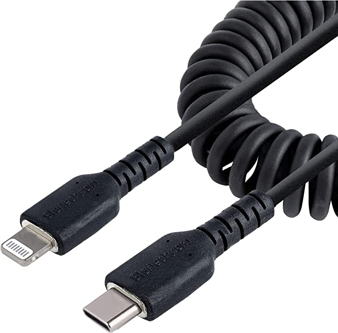 StarTech.com 20in / 50cm USB C to Lightning Cable, MFi Certified, Coiled iPhone Charger Cable, Black, Durable TPE Jacket Aramid Fiber, Heavy Duty Coil Lightning Cable (RUSB2CLT50CMBC)