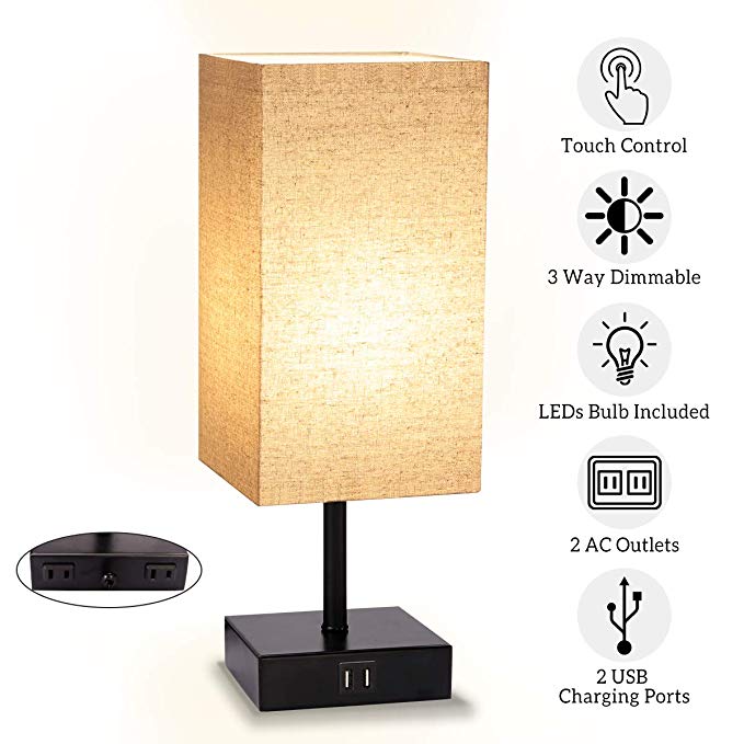 Table Lamp Touch Control, 3 Way Dimmable Bedside Nightstand Lamp with 2 USB Charging Ports & 2 Power Supply, E26 LED Bulb Included, Modern Desk Lamp for Living Room, Bedroom, Office, and More