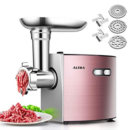 ALTRA Electric Meat Grinder, Stainless Steel Meat Mincer & Sausage Stuffer,【2000W Max】ETL Approved with 3 Grinding Plates, 2 Blades, Sausage & Kubbe Kit, Kitchenaid & Commercial Use, Rose Gold