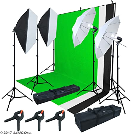 LINCO Lincostore 2.9M x 3M/ 9.5ft x 10ft Background Support System kit and 800W 5500K Umbrellas Softbox Continuous Lighting Kit for Photo Studio Product,Portrait and Video Shoot Photography AM215
