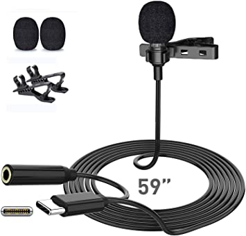 USB-C Lavalier Lapel Microphone for Android Smartphone with Earphone Jack, Mini Omnidirectional Condenser Mic for Video Recording/Interview/Podcast/Streaming, Lav Mics for Phone PC Computer Laptop