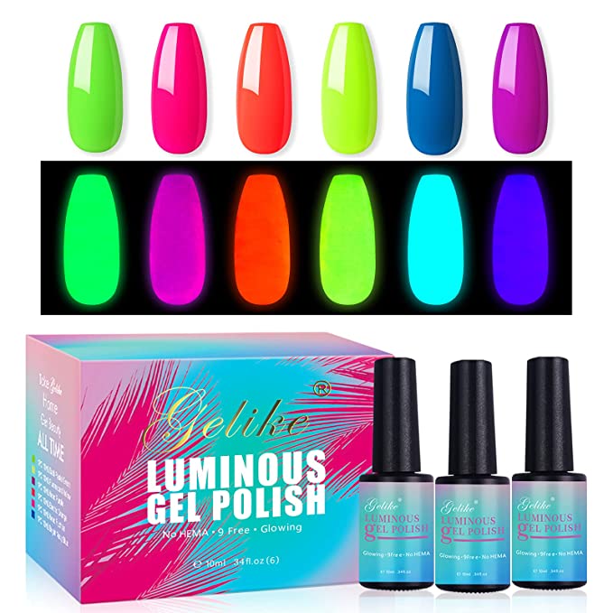 Gelike Glow in the Dark Gel Nail Polish Neon Luminous Gel Polish Set Fluorescent Bright Colors Glow Effect Soak Off UV Nail Polish Kit for Halloween - 6 PCS 10 ML