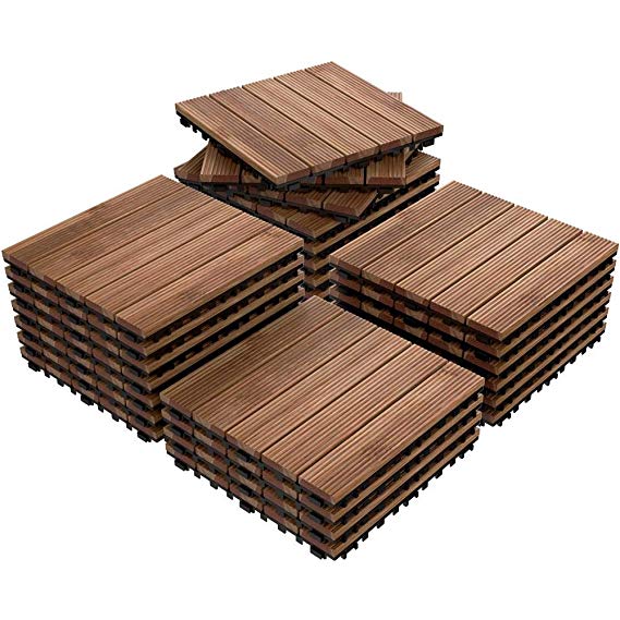 Yaheetech 27PCS Patio Pavers Interlocking Wood Flooring Deck Tiles Fir Wood and Plastic Indoor Outdoor Applications Stripe Pattern 12 x 12in