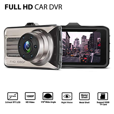 Dash cam, Lstiaq Car Camera FHD 1080P Dashboard Video Driving Recorder 170 Degree Wide Angle DVR with Metal Shell, WDR, G-Sensor, Loop Recording (1080P)