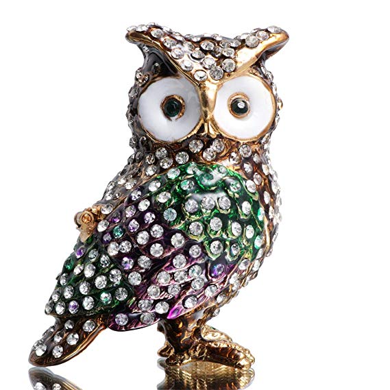 Waltz&F White Diamond owl Hand-Painted Trinket Box Animal Jewelrybox Figurine Collectible Ring Holder with Gift Box