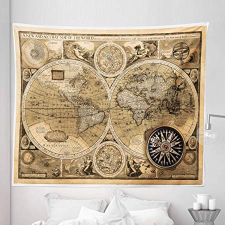 Ambesonne Wanderlust Tapestry King Size, Old Map 1626 a New and Accvrat Map of World Historical Manuscript, Wall Hanging Bedspread Bed Cover Wall Decor, 104" X 88", Pale Yellow