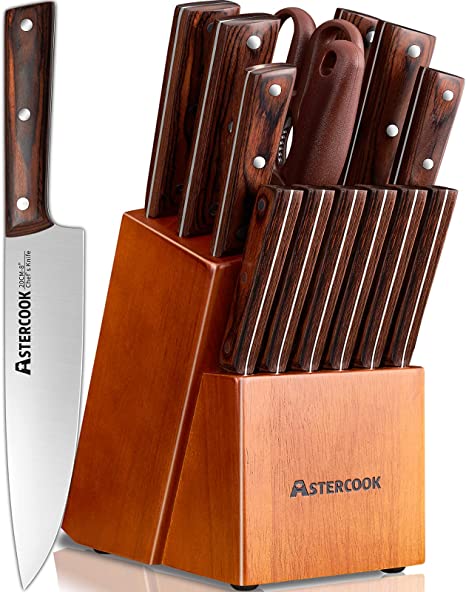 Knife Set, 15 Pieces Kitchen Knife Set with Block Red Elm Wood, German High Carbon Stainless Steel Cutlery Chef Knife Set, Best Cooking Gift