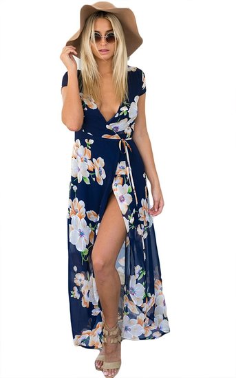 Bluetime Women's Beach Short Sleeve V Neck Split Floral Maxi Long Chiffon Dress