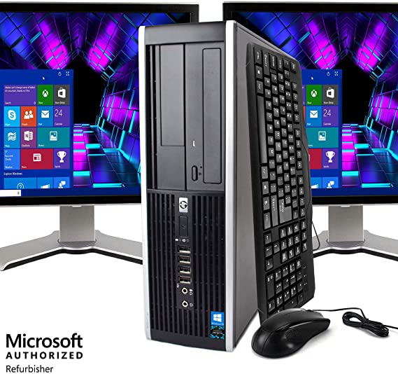 HP Elite Desktop Computer Intel Quad Core i5 3.1-GHz, 8 GB Ram, 1 TB, Dual 19in LCD Monitors, DVD, WiFi, Bluetooth, Windows 10 (Renewed)