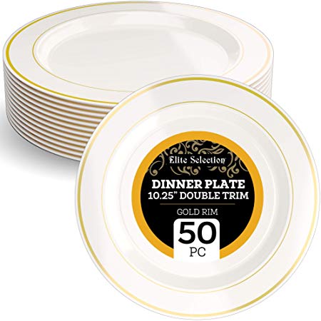 Elite Selection Hard Plastic 10.5-Inch Divine Dinnerware Disposable China Salad/Dessert Plates with Gold Rim, Ivory Cream Color , 50-Count