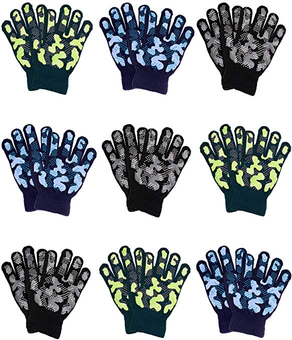 9 Pairs Boys Girls Camouflage Stretch Non-slip Gloves Winter Warm Knitted Gloves