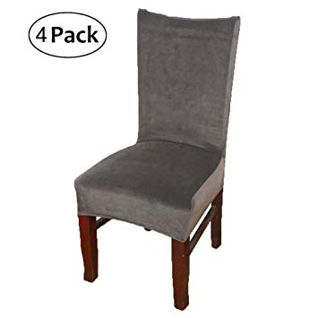 Stretch Chair Covers for Dining Room, Dark Grey Set of 4 Velvet Dining Chair Slipcovers