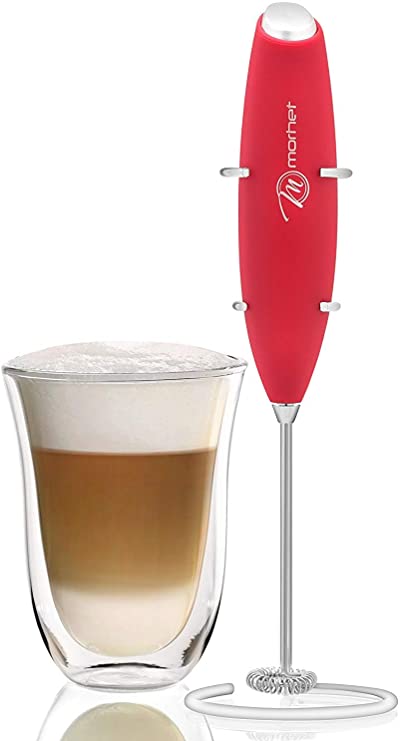 Premium Handheld Electric Milk Frother With Stand | Hand Mixer to Make Foam Frothed Milk for Coffee, Cappuccino, Lattes, Mochas & Hot Chocolate | Stick Blender with Steel Whisk | Red