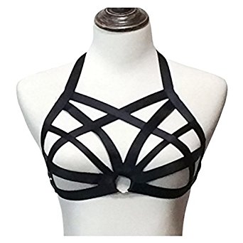 Jelinda Women Harness Elastic Cupless Cage Bra Hollow Out Strappy Crop Top-SY09
