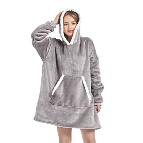 Sherpa Sweatshirt Blanket Adult，Standard Size Hoodie Blanket, Plush Fleece Blanket Sweatshirt with Sleeves and Pockets for Men, Women ， Gifts for Families （Grey）