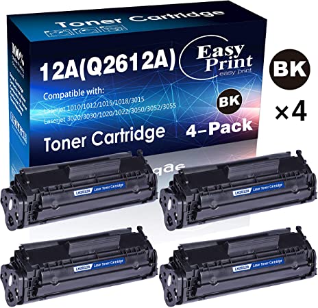 (4-Pack, Black) Compatible 12A Q2612A Toner Cartridge 2612A Used for HP Laserjet Laserjet Pro 1010 1012 1018 1020 1022 1022n 3015 3030 3050 3052 3055 M1319F Printer, by EasyPrint