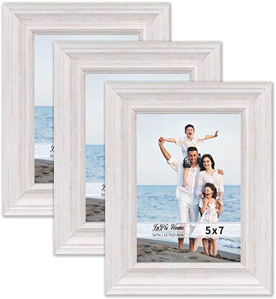 LaVie Home 5x7 Picture Frames (3 Pack, White Wood Grain) Rustic Photo Frame Set with High Definition Glass for Wall Mount & Table Top Display