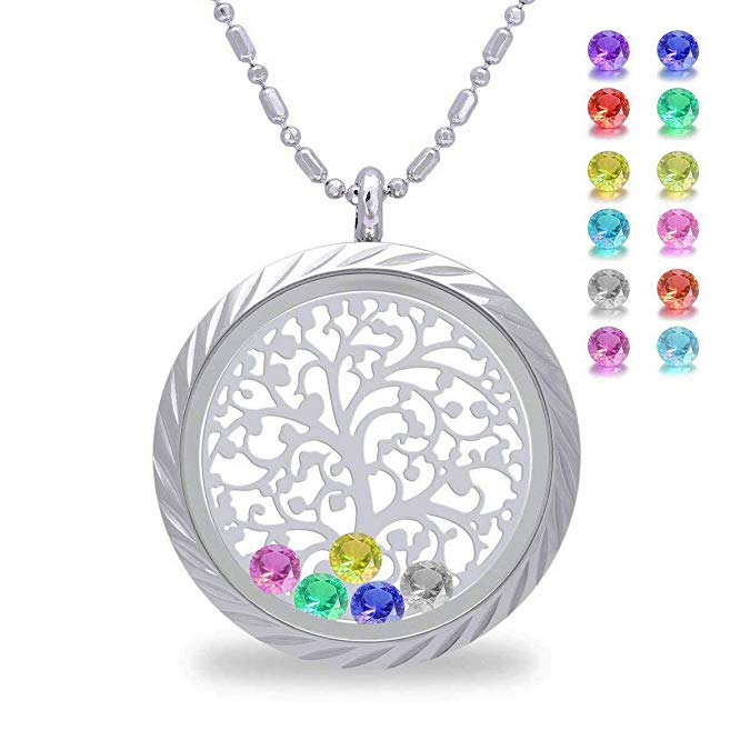 Family Tree of Life Magnetic Closure Floating Charms Living Memory Locket, DIY Birthstone Necklace
