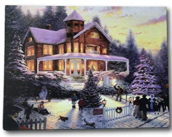 BANBERRY DESIGNS Christmas LED Canvas Print - Winter Scene Wall Art with a Victorian House in a Snowy Setting - Christmas Lights in The Trees Light Up - 16 X 12 Inches